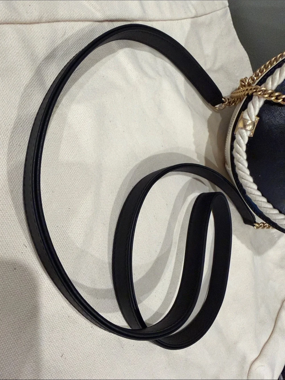 CHANEL Black Leather Circular Crossbody with Cream Rope Trim